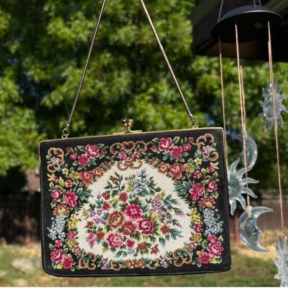 vintage 1950s floral tapestry clutch with delicate chain strap